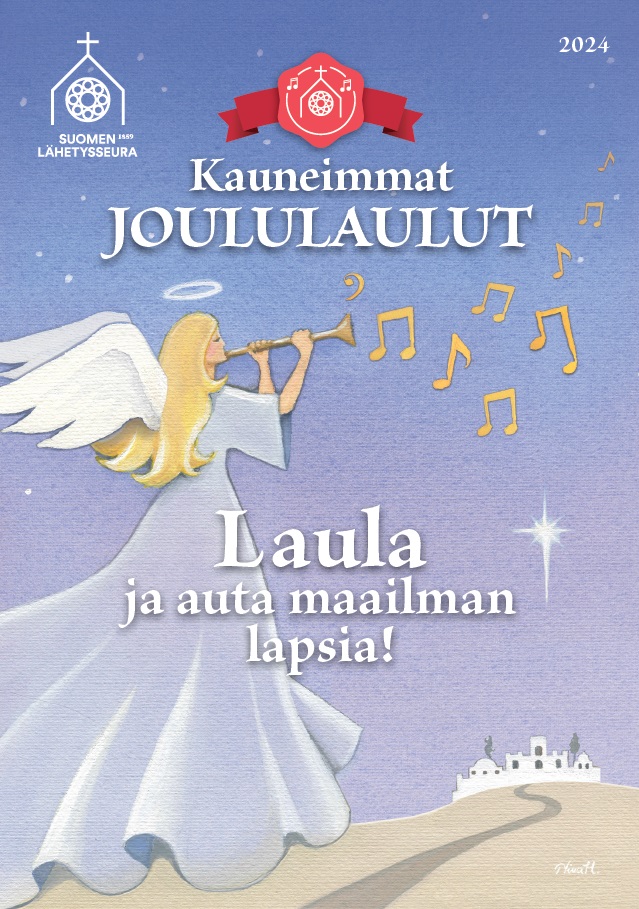 Kuvassa on enkeli joka soittaa instrumenttia.