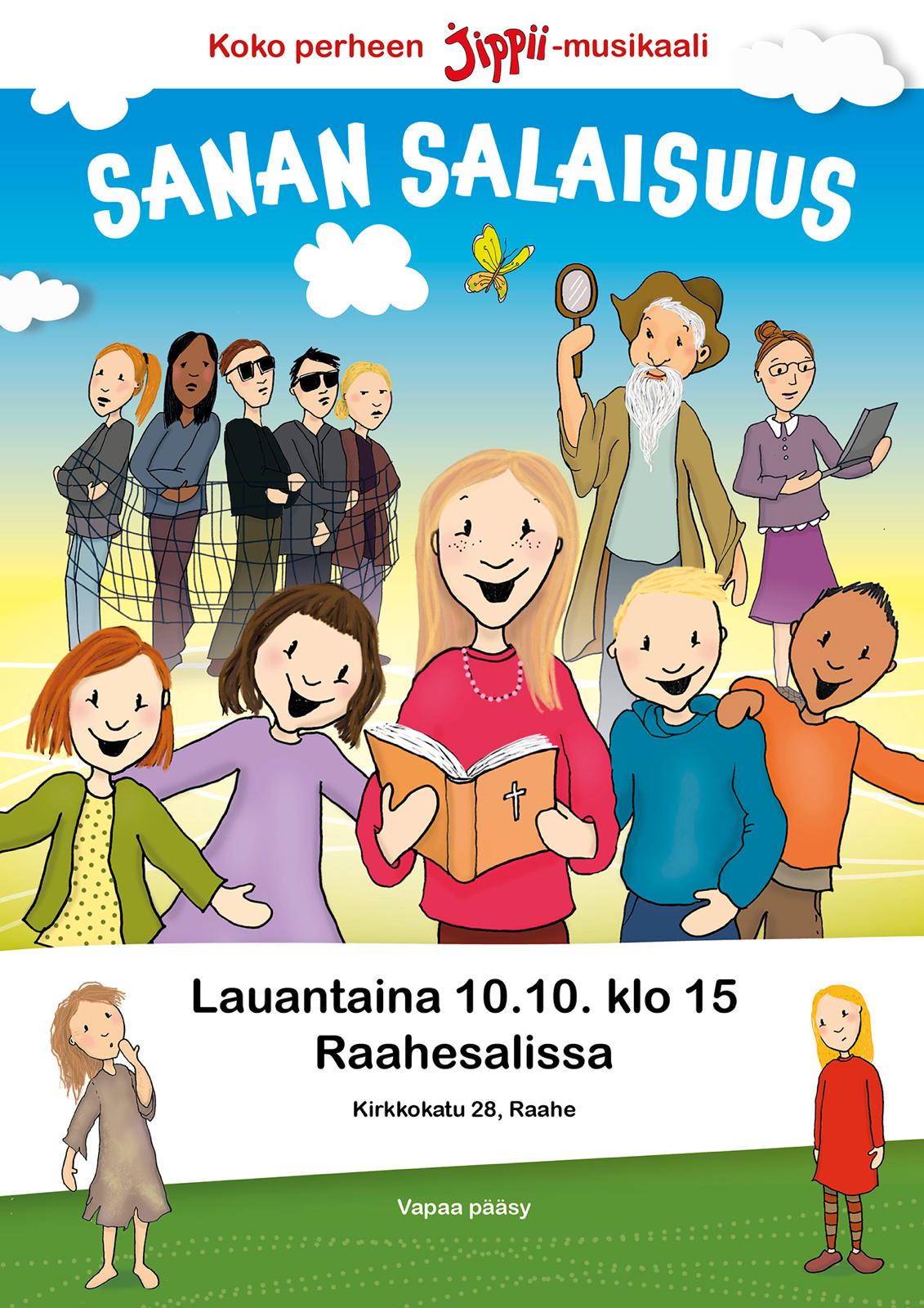 Koko perheen Jippii-musikaalin juliste: iloisia lapsia, Raahesali 10.10. klo 15, vapaa pääsy.