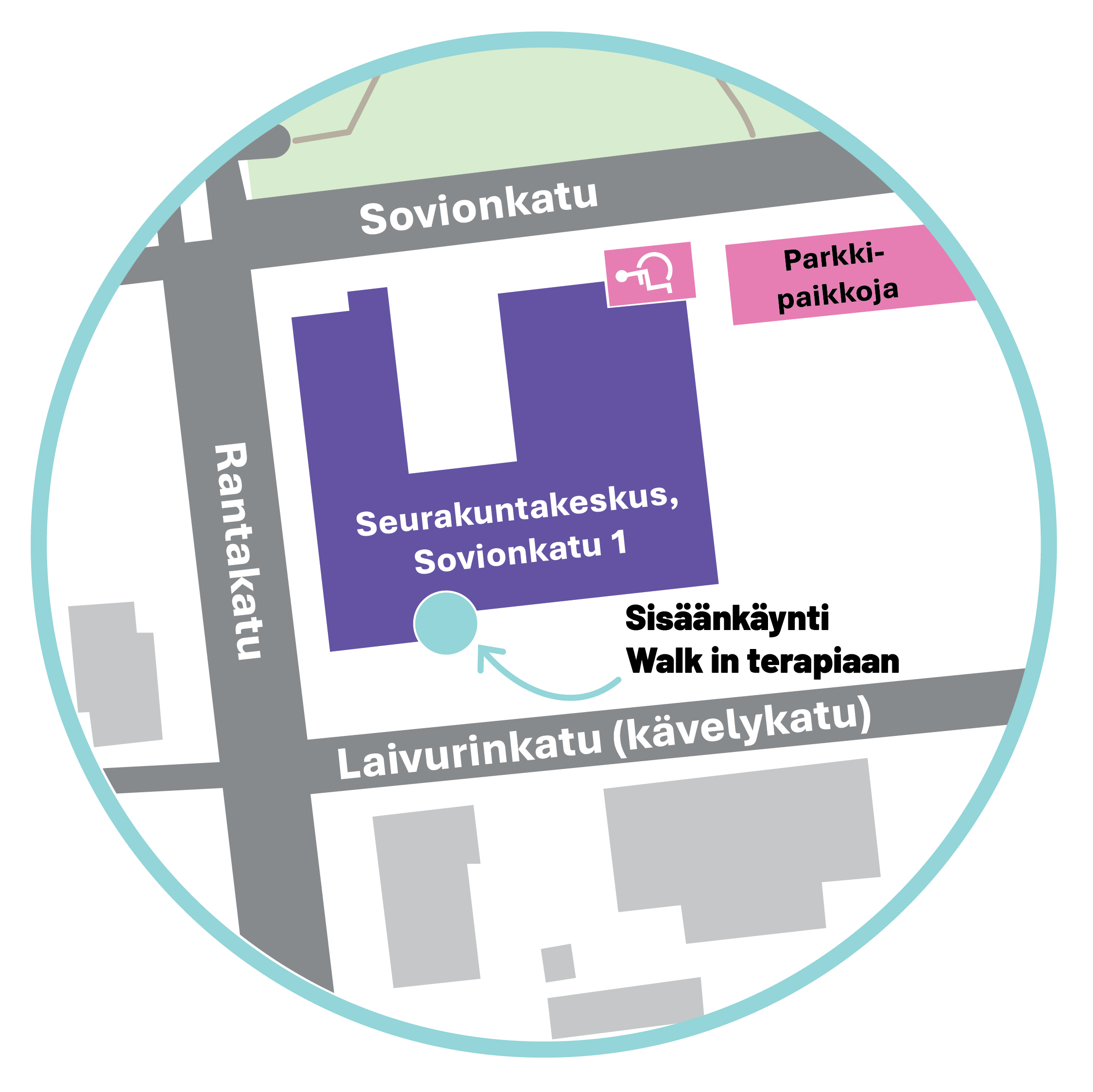 Kuvassa kartta, jossa ohjeistetaan kulkemaan Walk in terapiaan kävelykadun puoleisesta käyntiovesta.